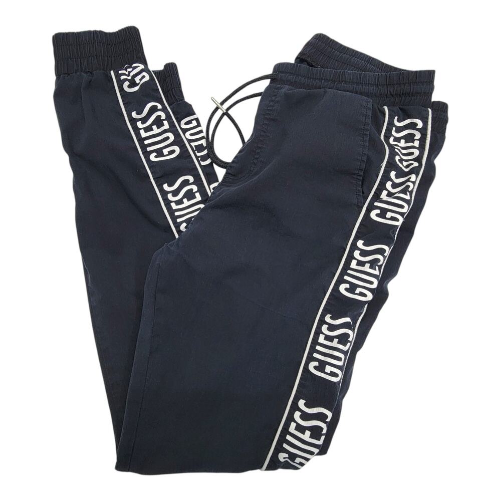 GUESS Mens Logo Tape Track Pants Black Joggers Ankle Zip Casual Streetwear XS